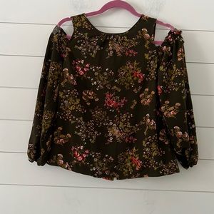 LAUREN Conrad XS Floral ColdShoulder Back  ButtonUp Top Brown Floral pat…